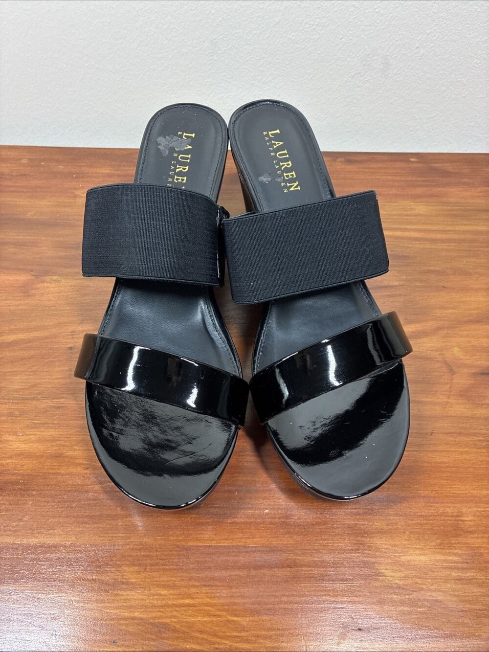 Ralph Lauren Rhianna Platform Sandals 9B Black Slide Patent Leather Heels